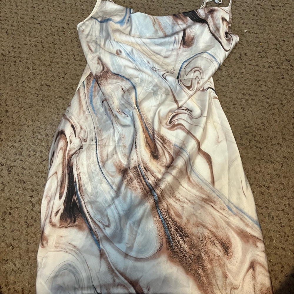 SHEIN Asymmetrical Marble Print Dress - Cream and Brown